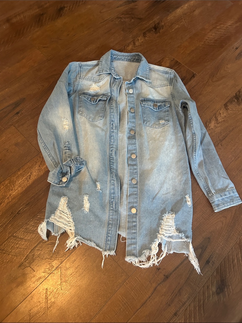 Light Blue Distressed Denim Jacket - Women